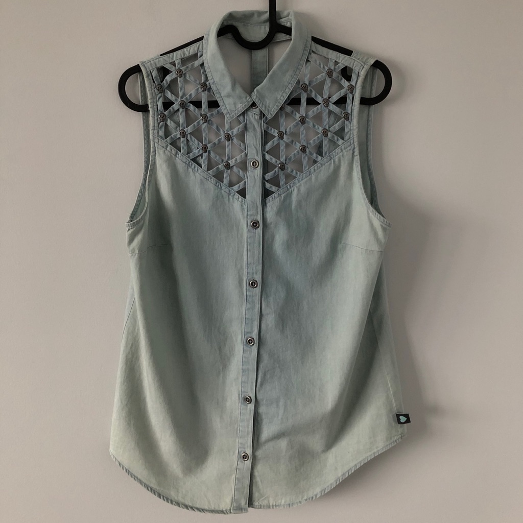 Kendall & Kylie Denim Skull Cutout Button Up Tank